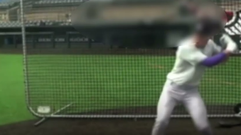 Still from a real evaluation: a hitter's batting practice film reviewed by a college coach